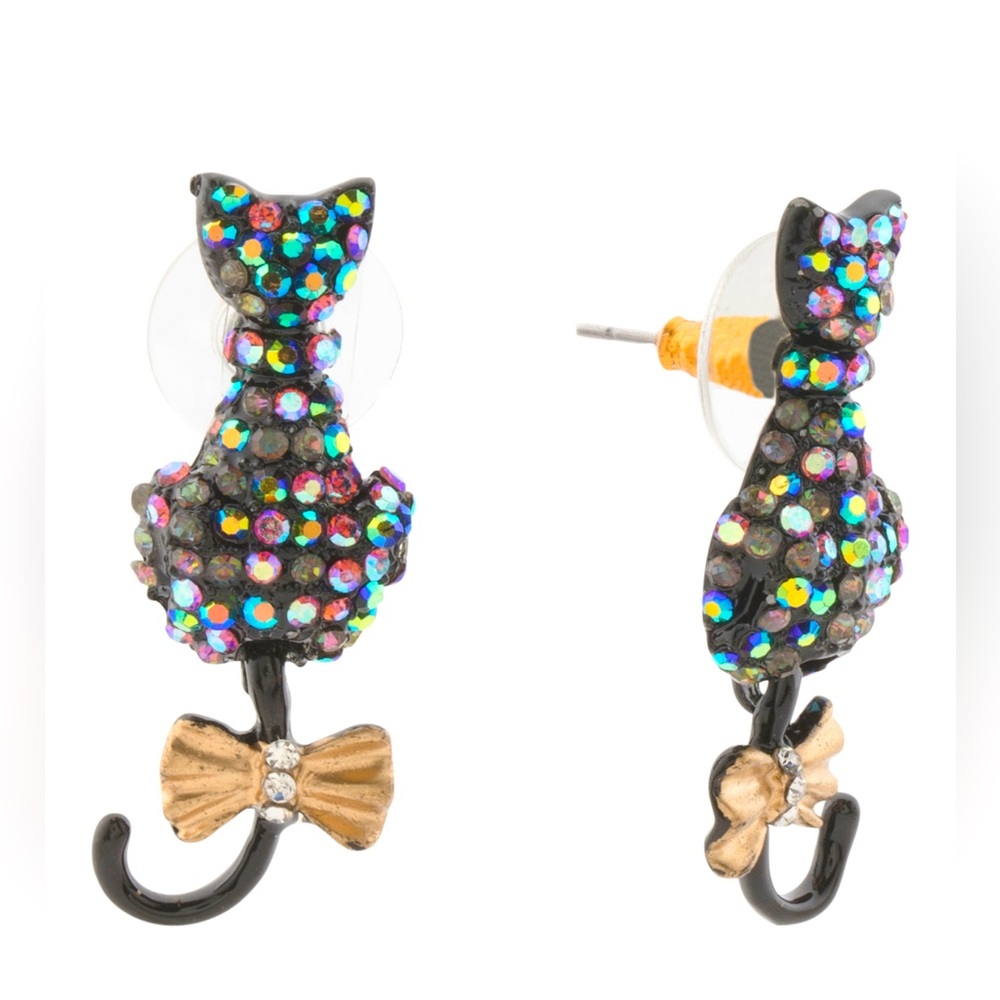 Betsey Johnson Rhinestone Crystal Cat Cattail Post Back Earrings 🐈‍⬛